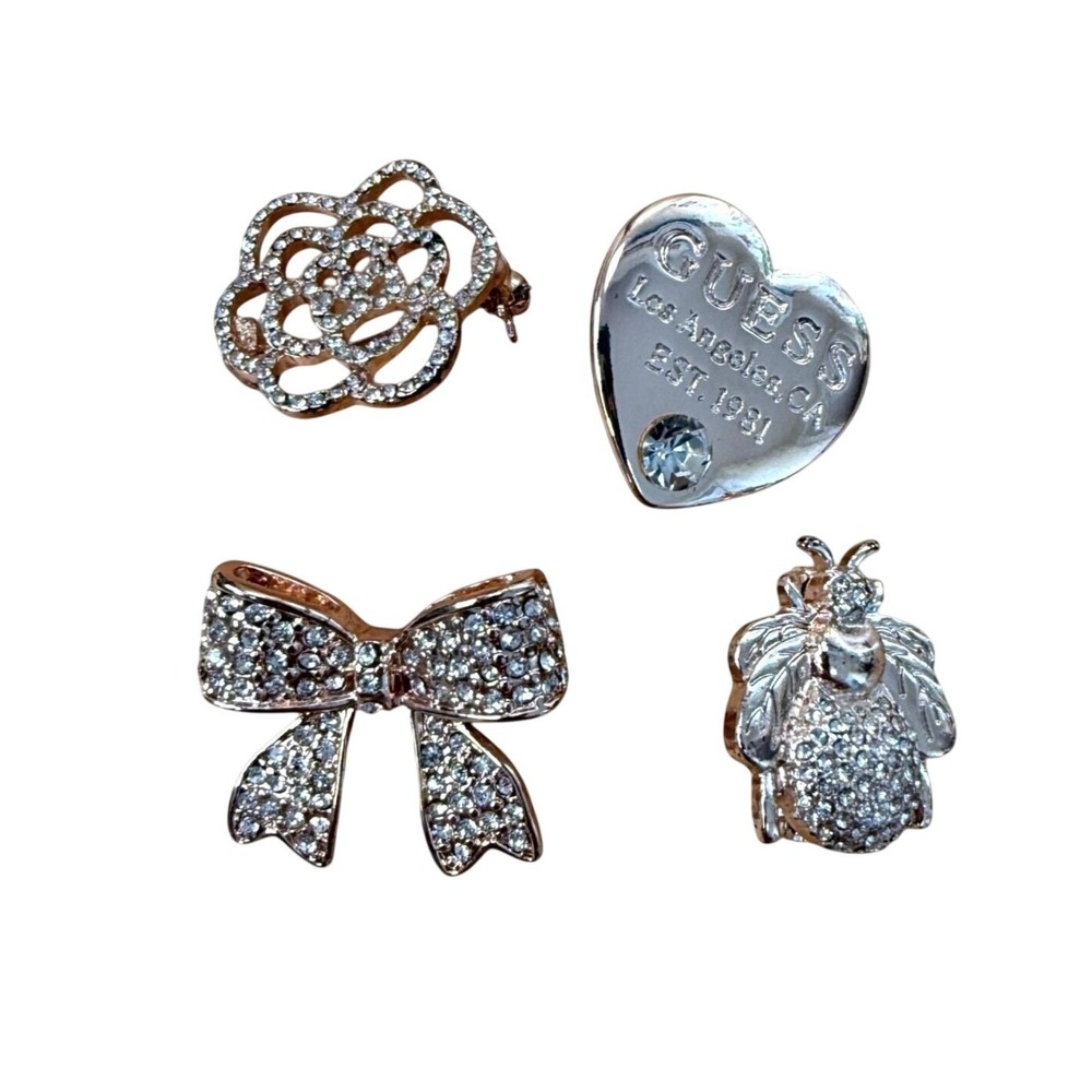 GUESS Rose Gold Silver Crystal Bee Bow Heart Flower Brooch Pin Set Y2K Glam 4pc